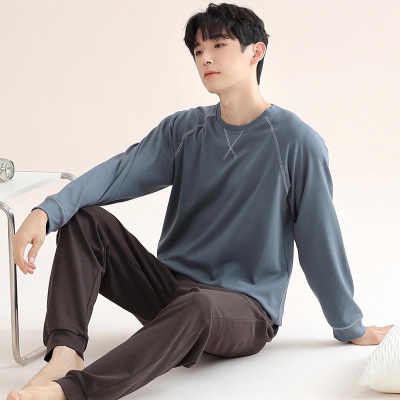 パジャマ メンズ 男性用 上下セット 部屋着 長袖 長ズボン モダール ラウンドネック プルオーバー リラックス 春秋 アウトドア