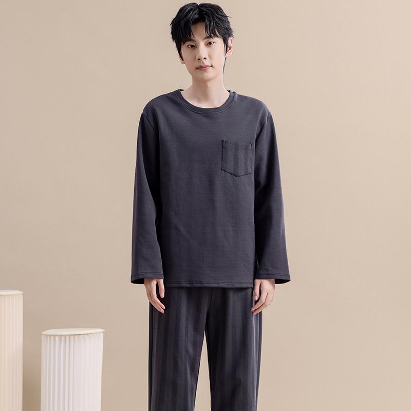 パジャマ メンズ 男性用 春秋 長袖 綿 コットン 大きいサイズ ゆったり 秋冬 部屋着 ルームウェア 寝巻き 上下セット 丸首 リラックス 通気性 快適 普段使い