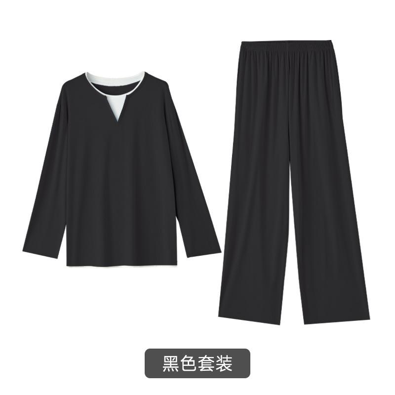 パジャマ メンズ 男性用 Vネック 再生繊維 長袖 ルームウェア セットアップ 大きいサイズ 薄手 ゆったり 2点セット 部屋着 ルームウェア 雪藍 グレー ブラック