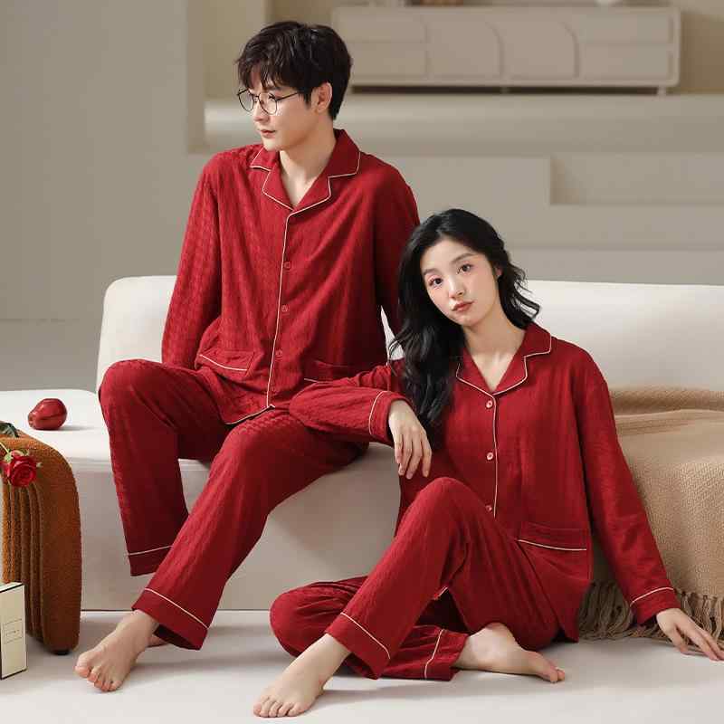 パジャマ レディース メンズ 春秋 新婚 結婚祝い コットン 上下セット ペアルック 長袖 ルームウェア 寝巻き 部屋着 ギフト 赤 格子柄 無地 伸縮性 保温性 吸湿性
