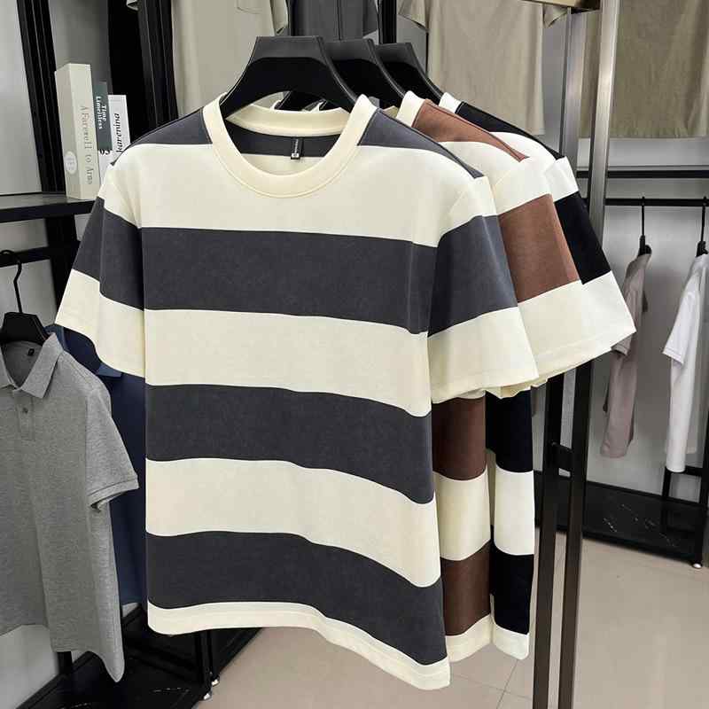 Tシャツ メンズ 半袖 ストライプ柄 コットン混紡 カジュアル トップス カットソー 高通気性 吸湿速乾 ブラック グレー カーキ