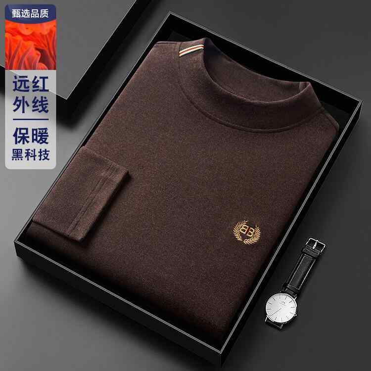 Tシャツ メンズ 長袖 自発熱 保温性 半高襟 秋冬 トップス プルオーバー 暖かい 伸縮性 ポリエステル混紡 無地 ブラック カーキ ダークブラウン