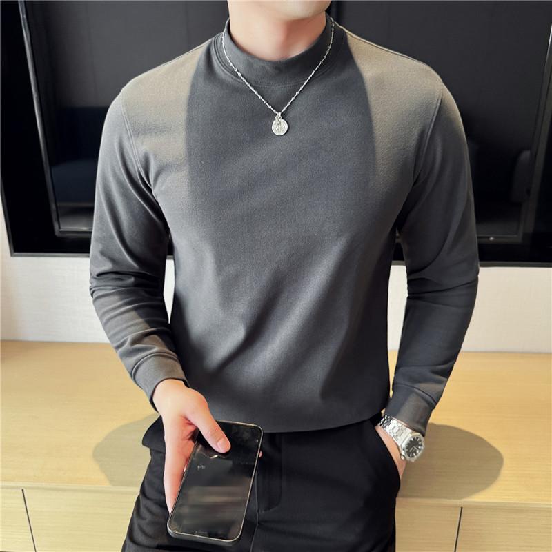 Tシャツ メンズ 男性用 秋冬 静電気防止 ハイネック 厚手 カットソー トップス ポリエステル 無地 深グレー 浅棕色 黒 白 深棕色