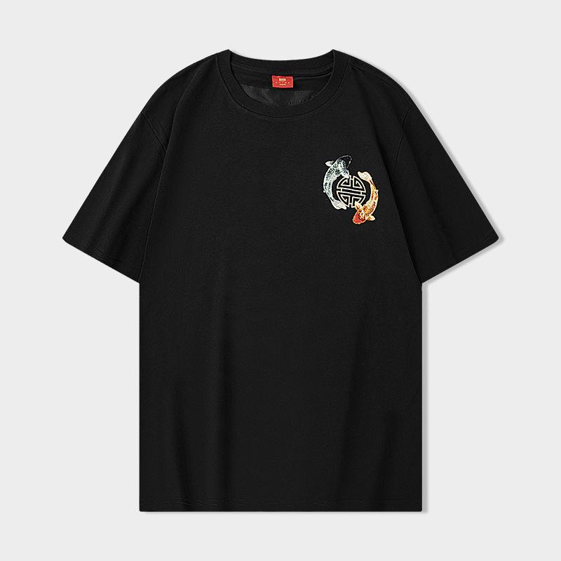Tシャツ メンズ 半袖 コットン 手刺繍 鯉 中国風 トップス カットソー ルーズ ラウンドネック 黒 白(x2)