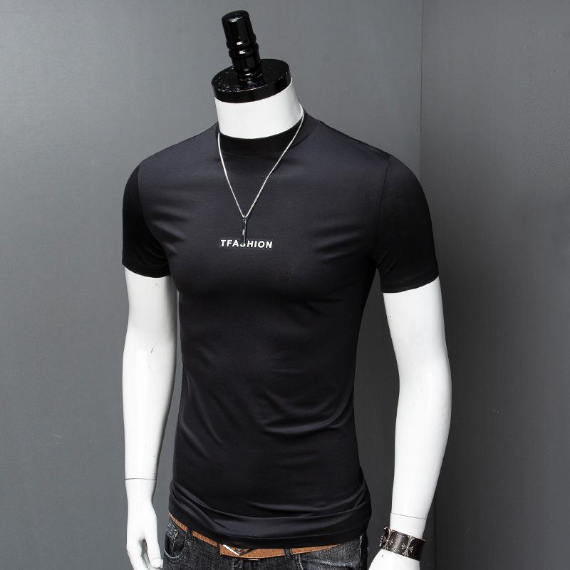 Tシャツ メンズ 男性用 コットン プリント 高襟 スリム 半袖 トップス インナーシャツ 薄手 ブラック ホワイト ブルー グリーン M L XL 2XL 3XL 4XL(x2)