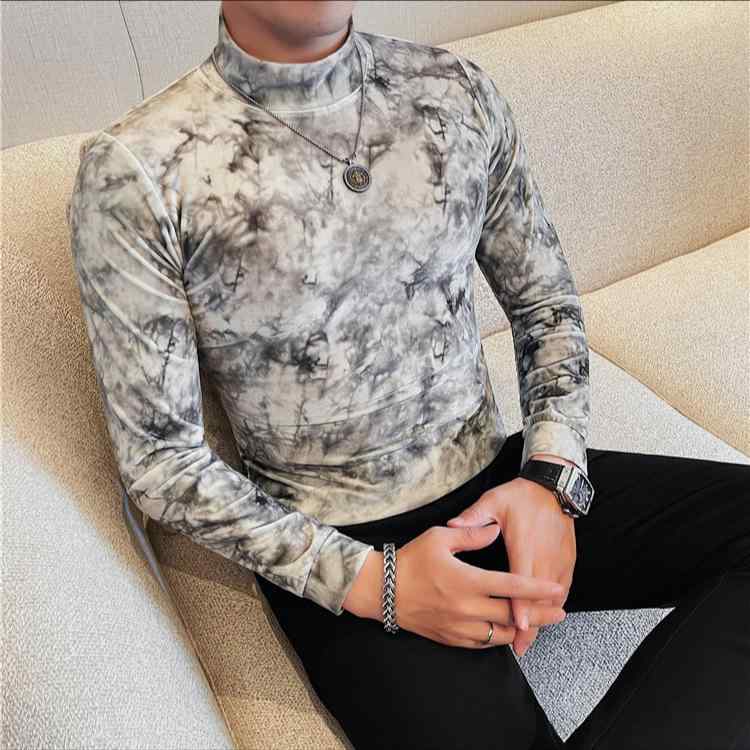 Tシャツ メンズ 長袖 高襟 スリムフィット 花柄 ポリエステル カットソー トップス 秋 カジュアル 普段使い 黒 白 ブラウン M L XL XXL 3XL 4XL