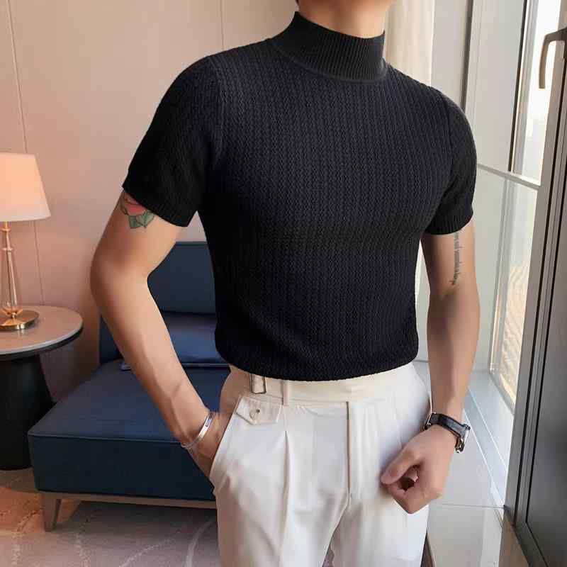 Tシャツ 男性用 ハーフネック ニット セーター トップス インナーシャツ カットソー 修身 無地 ブラック ホワイト ブルー カーキ レッド