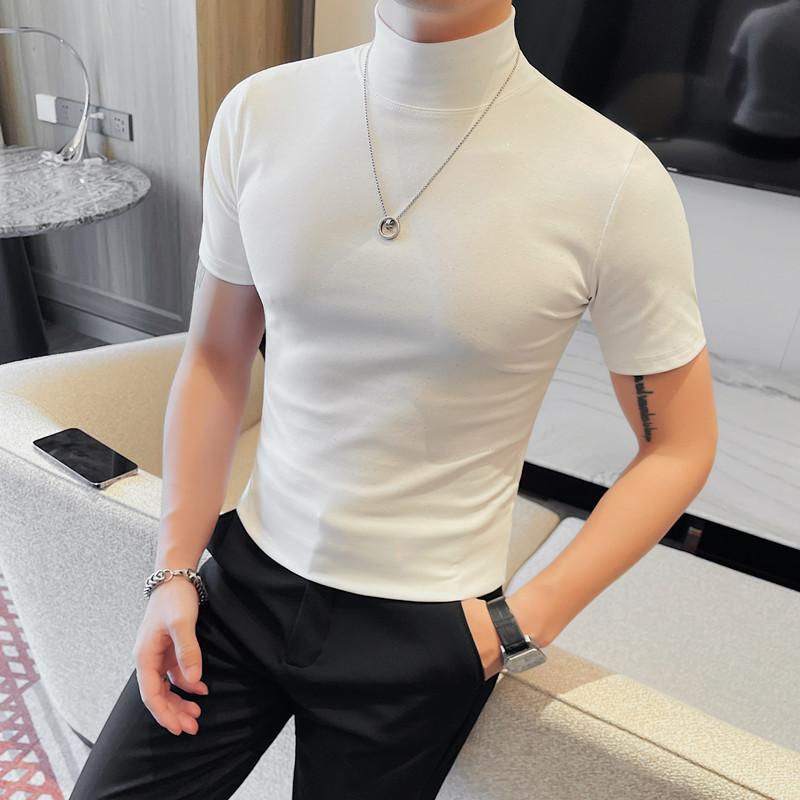 Tシャツ メンズ ハーフハイネック 半袖 コットン スリムタイプ カットソー トップス 春秋 スタイル 普段使い ブラック ホワイト