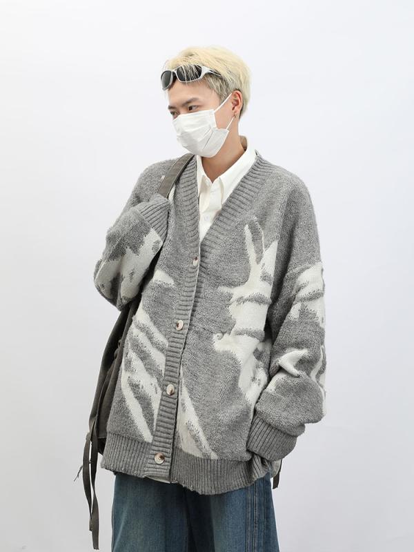 ニット カーディガン 男性用 秋冬 普段使い リラックス Vネック 長袖 厚手 切り替え グレー 紺色 白 コットン ポリエステル 4,384円