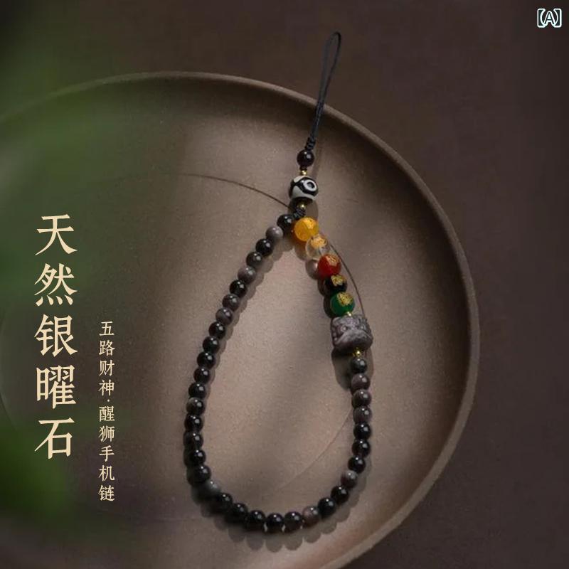 銀 黒曜石の 携帯電話 ストラップ 五 方向 富の 神 チェーン ペンダント 幸運の メンズ レディース ジュエリーギフトオシャレ