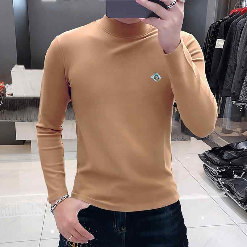 Tシャツ メンズ トップス 長袖 コットンブレンド スリム 無地 高襟 インナーウェア 秋冬 カーキ ブラック 白 緑
