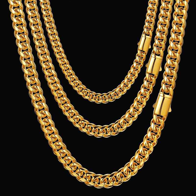 ネックレス メンズ 男性用 18K ゴールド 古巴チェーン チタン鋼 ブレスレット スプリングクラスプ 51cm 56cm 61cm 66cm 71cm 76cm 8mm 10mm 12mm 14mm