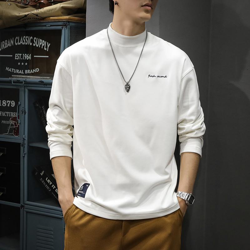 Tシャツ メンズ 秋物 ハーフハイネック ポリエステル 長袖 トップス ゆったりサイズ 刺・墸 カジュアル スタイル 黒 白