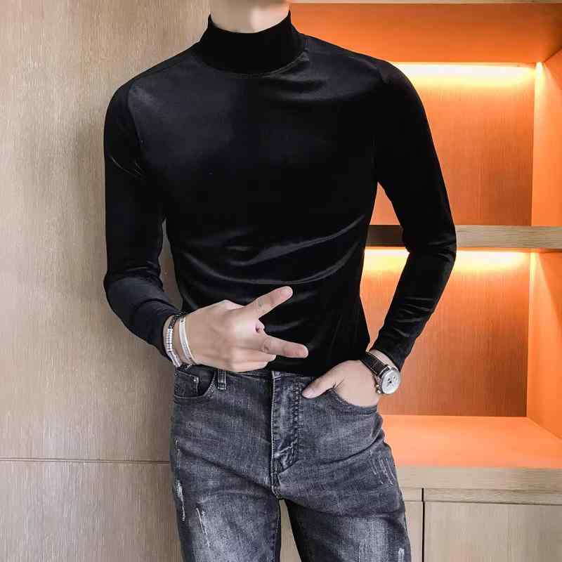 Tシャツ メンズ 男性用 トップス 秋冬 裏起毛 ハイネック スリム 無地 普段使い 長袖 カットソー ポリエステル