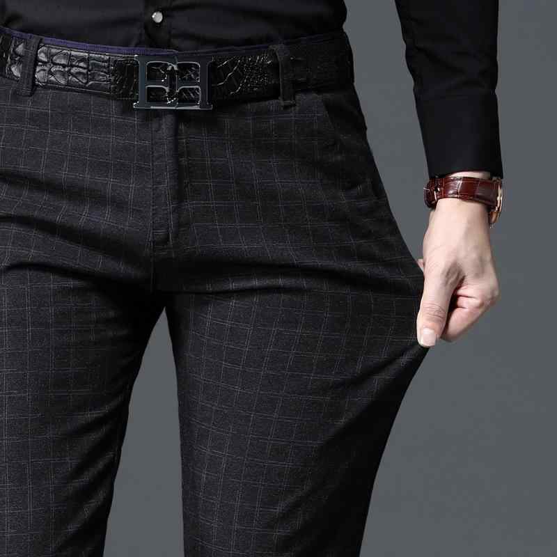 パンツ 男性用 チェック柄 スラックス スリム ストレート ビジネス カジュアル 高 elastic 春物 黒 紺色