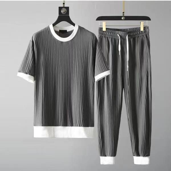 メンズ スポーツウェア 薄手 接触冷感 Tシャツ & 9分丈パンツ 上下セット 部屋着 普段使い グレー ブルー ブラック ホワイト