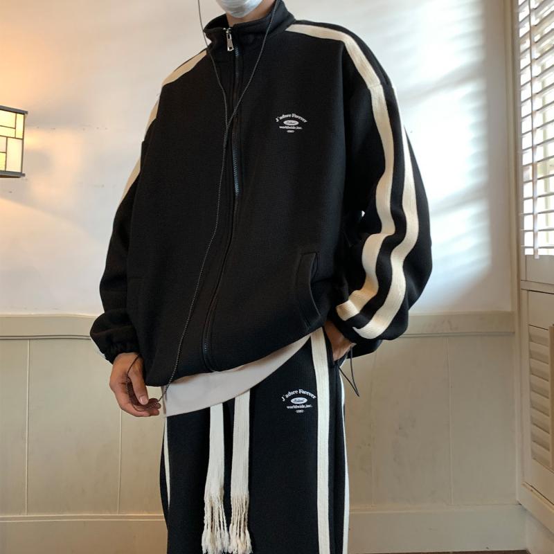 ジャージ メンズ 男性用 上下セット スポーツウェア カジュアル 普段着 長袖 Tシャツ ロングパンツ 部屋着 ルームウェア 秋物 ポリエステル ブラック ホワイト グリーンスーツ