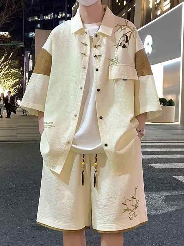 シャツ メンズ 半袖 短パン セットアップ 中華風 男性用 トップス ショーツ 上下セット 部屋着 ルームウェア 普段使い ブラック コーヒー色 オフホワイト