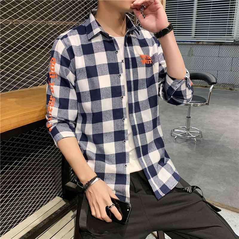 シャツ メンズ 格子柄 コットン混紡 長袖 スリム 春秋 カジュアル トップス 赤 黒 白 青 男性用 普段使い