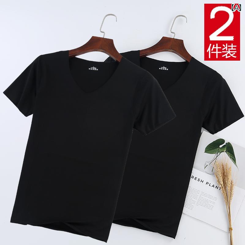 2枚の 涼しい クール 快適 シームレス 下着 メンズ 夏 薄手 リム 半袖 Tシャツ 速乾 Vネック ボトム スウェットカラフルカラーオシャレ