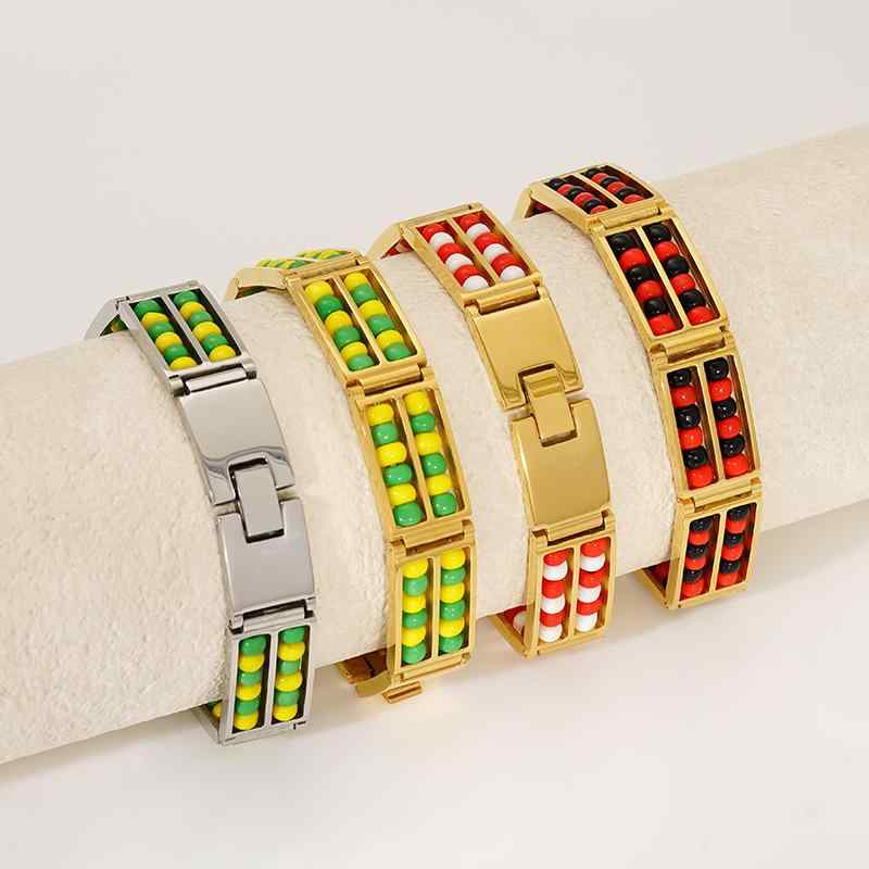 ブレスレット レディース メンズ チタン鋼 18K 金メッキ ビーズ 幾何学模様 普段使い 旅行記念 贈り物 スチールカラー ゴールド 黄緑 混色 白 黒 透明 南米 東南アジア