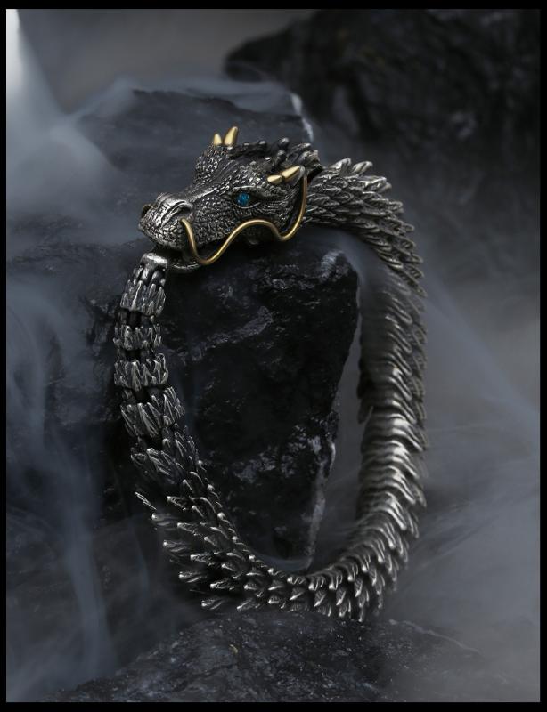 ブレスレット メンズ 男性用 ドラゴン 竜 龍 シルバー 電気メッキ加工 レトロ ヴィンテージ アニマルモチーフ アクセサリー
