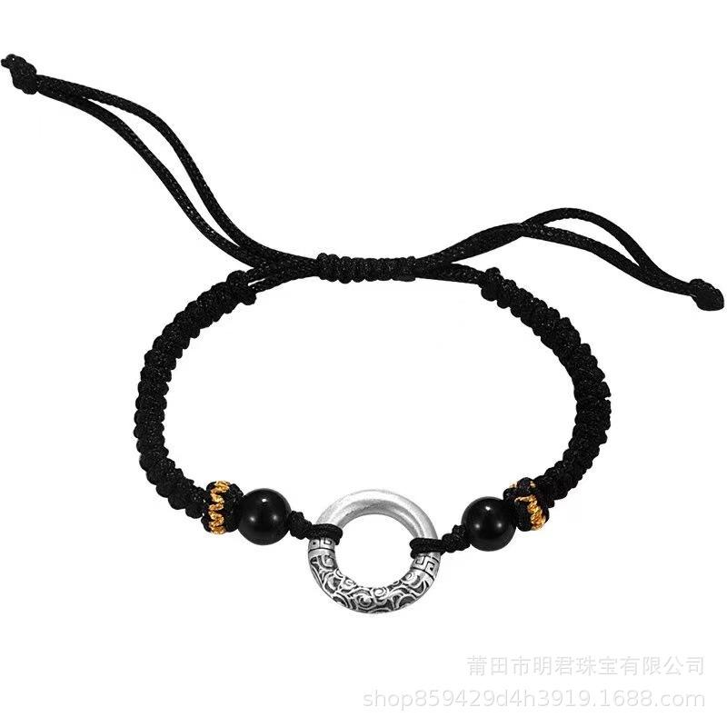 ブレスレット ペア シルバー999 平安扣 お守り 手編み 組み紐 ハンドメイド 赤紐 本命年 エスニック アジアン テイスト(x10)