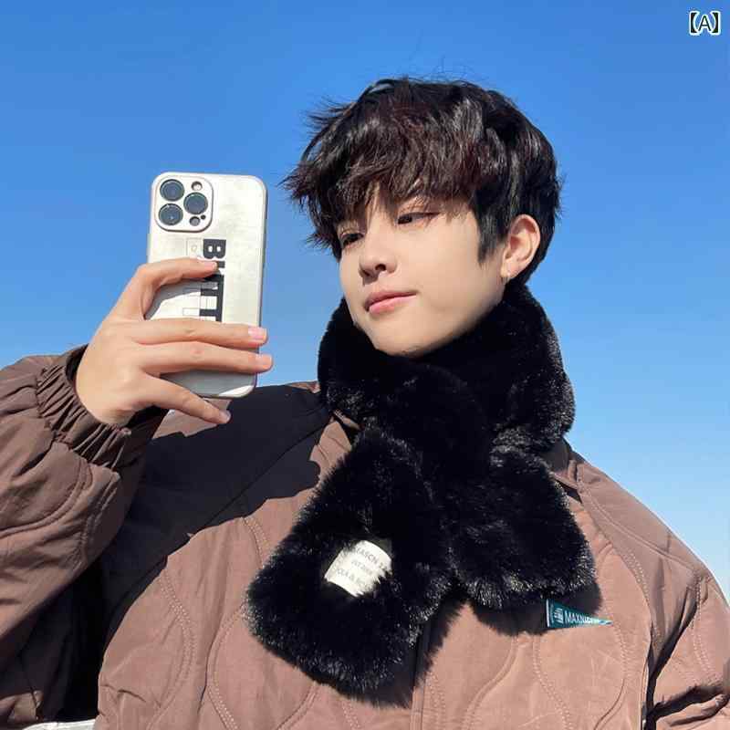 男性 柔らかく 暖かい スカーフ 秋冬 韓国 カップル 多用途 クロス イミテーション レックス ファー 豪華 ネック