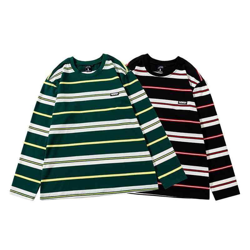 Tシャツ 男性用 レトロ ストリート Rainbow レインボー ボーダー トップス 男女兼用 ゆったり コットン 長袖 ラウンドネック 黒 ブラック 緑 グリーン カジュアル