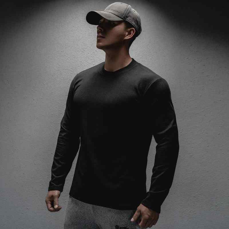 Tシャツ メンズ 男性用 秋冬 保温 スポーツ 長袖 伸縮性 無地 トレーニング ウェア アウトドア インナー ラウンドネック プルオーバー ポリエステル 深グレー 浅グレー ブラック ホワイト