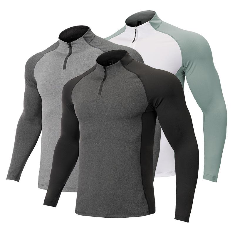 Tシャツ メンズ 男性用 長袖 スポーツ 立襟 ハーフジップ ヘンリーネック 無地 トレーニング ランニング ウェア 秋冬 ポリエステル(x5)