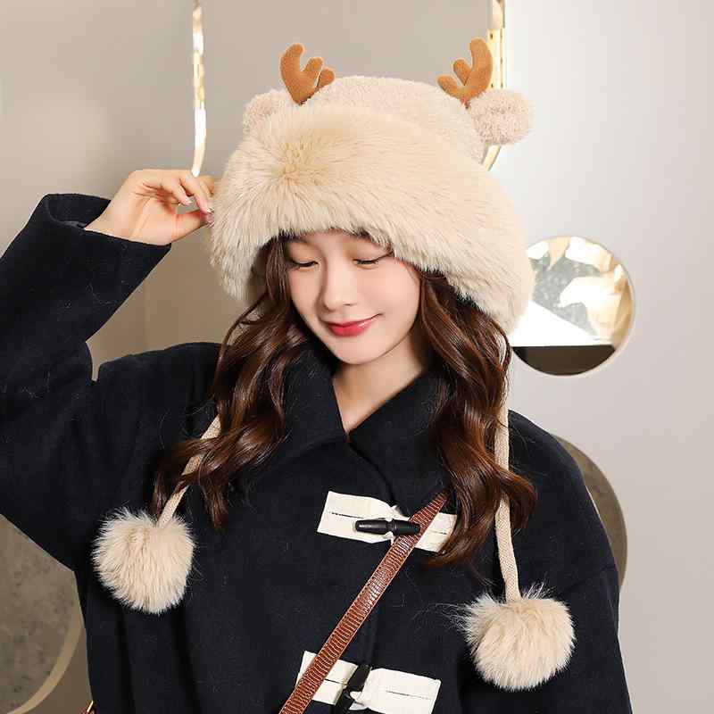 ニット帽 レディース かわいい 鹿の角 耳あて ポンポン付き 帽子 防寒 裏起毛 秋冬 暖かい ニットキャップ ピンク ブラック グレー ベージュ オフホワイト(x2)