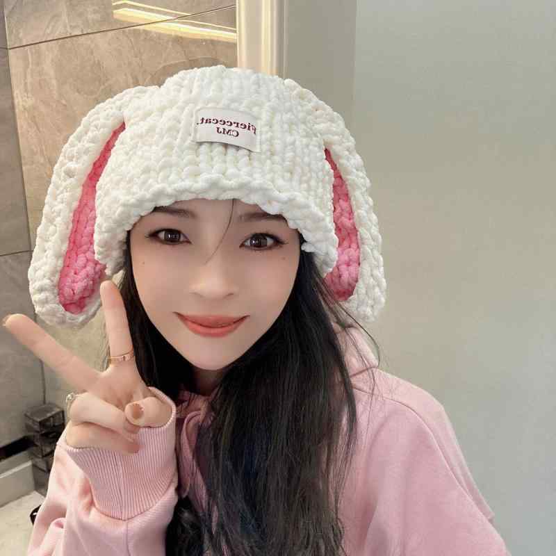 ニット帽 レディース 秋冬 防寒 保温 暖かい 手編み ウール ふわふわ かわいい うさぎ耳付き 厚手 小顔効果 韓国 ホワイト コーヒー カーキ ベージュ レッド ブルー ブラック(x2)