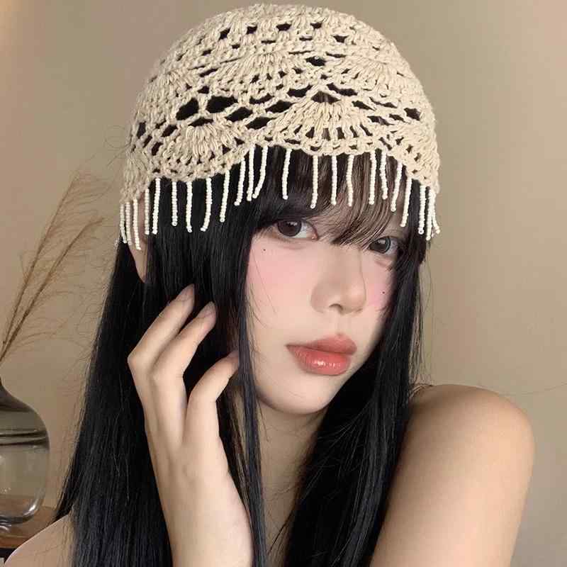 ニット帽 レディース 春夏 薄手 チュール 民族風 手編み 帽子 かわいい 小顔効果 通気性 コットン アイボリー ブラック ピンク(x2) 4,232円