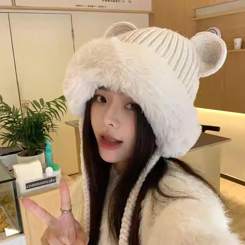ニット帽 レディース 小熊耳付き 防寒 帽子 秋冬 かわいい 暖か モコモコ うさぎ フェイクファー 韓国 猫耳 熊耳 ブラック ベージュ ホワイト レッド モカ ダークグレー コーヒー色(x10)