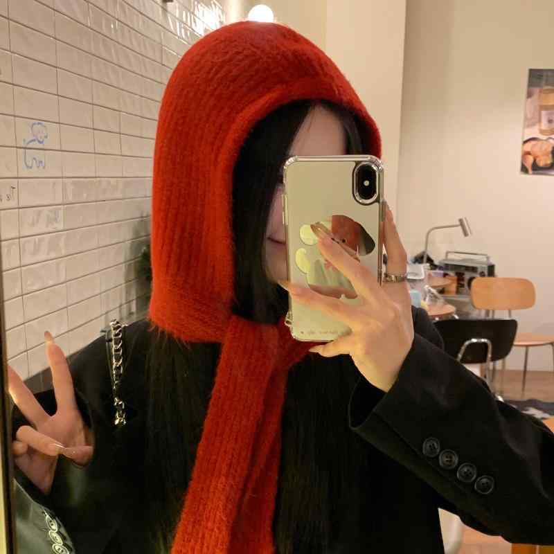 ニット帽 レディース 秋冬 アンゴラ風 レッド 防寒 暖かい ネックウォーマー一体型 バラクラバ風 帽子 ミルキーホワイト ベージュ カーキ グレー コーヒー色 ブラック(x2)