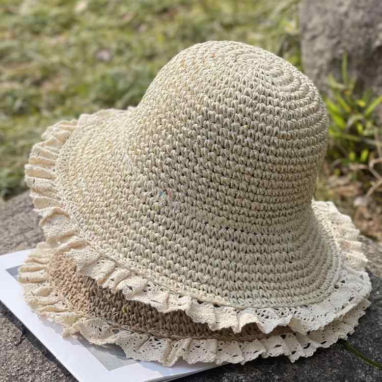 麦わら帽子 レディース レース 花柄 手編み 透かし編み 遮光 日よけ 帽子 アウトドア 旅行 ビーチ リゾート かわいい おしゃれ(x2)