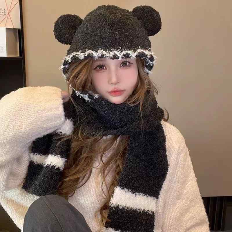 ニット帽 レディース 春秋 防寒 かわいい 小熊 耳付き ビーニー 帽子 ネックウォーマー 一体型 ブラック ホワイト ベージュ コーヒー色 日焼け防止 通気 防風 遮光 普段使い(x2)