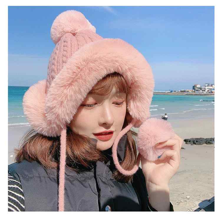 ニット帽 レディース 防寒 帽子 秋冬 かわいいポンポン付き 裏起毛 耳あて付き スキー スノボ 旅行 アウトドア 暖かい 羊毛混紡 ブラック ホワイト ピンク グレー ブラウン ベージュ(x2)