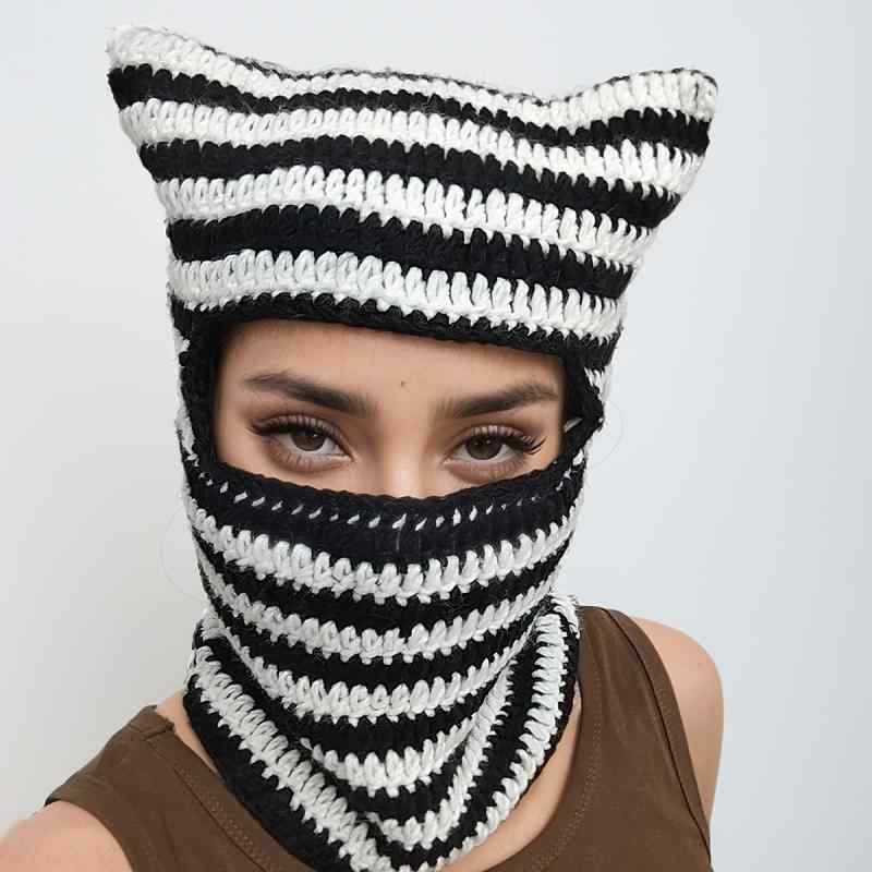ニット帽 レディース 猫耳 ボーダー 秋冬 防寒 暖かい ビーニー カップル ペア お揃い カジュアル かわいい ブラック ピンク ホワイト グレー アクリル(x10)