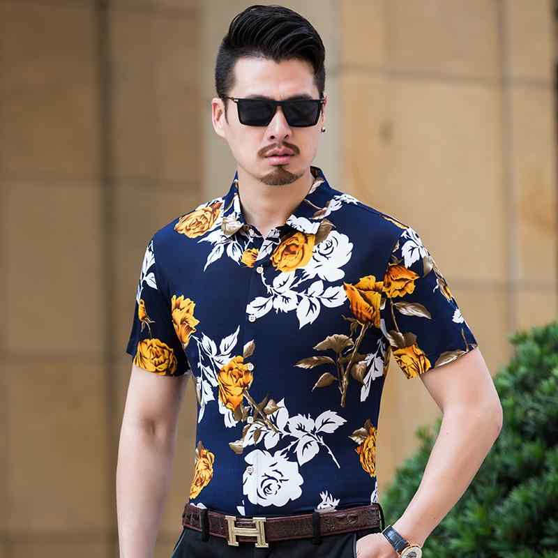 シャツ メンズ 半袖 ローズ柄 トップス スリムフィット 薄手 カジュアル 男性用 紳士 ビジネス リゾート M L XL