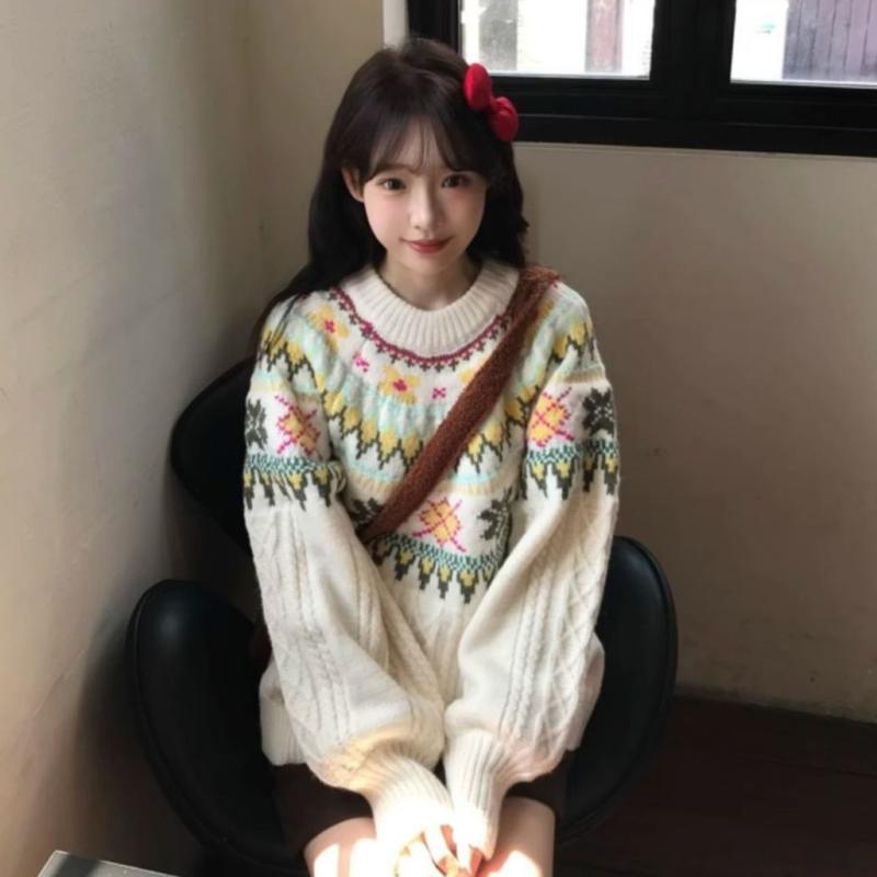 ニット レディース フェアアイル柄 ランタンスリーブ ゆったり 森ガール セーター 配色 トップス 長袖 普段使い かわいい ガーリー カジュアル