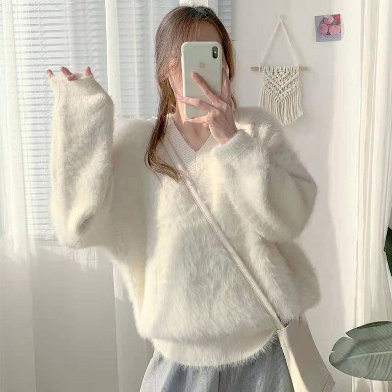 ニット レディース Vネック プルオーバー ファー タッチ セーター ゆったり 無地 トップス 秋冬 あったか 普段使い 通勤着 部屋着 韓国 かわいい ミルキーホワイト イエロー カーキ ブルー