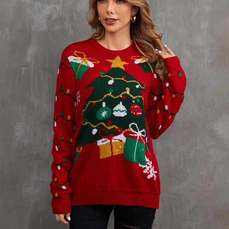 ニット レディース クリスマス ニット ウェア 風 秋冬 プルオーバー セーター ゆったり 普段使い 通勤 部屋着 アクリル レッド
