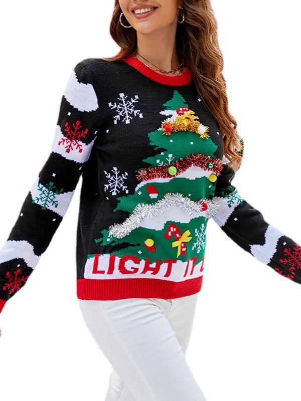 ニット レディース クリスマス ニットソー 長袖 トップス プルオーバー ラウンドネック ・君??柄 セーター 秋冬 あったか 暖か かわいい ゆったり 伸縮性 チクチクしにくい
