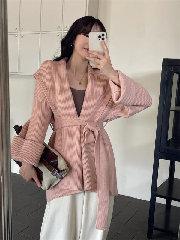 ニット カーディガン レディース ゆったり 厚手 浴衣風 ベルト付き 暖かい 羽織りもの アウター 婦人服 秋冬 きれいめ おしゃれ ブラック ピンク系1