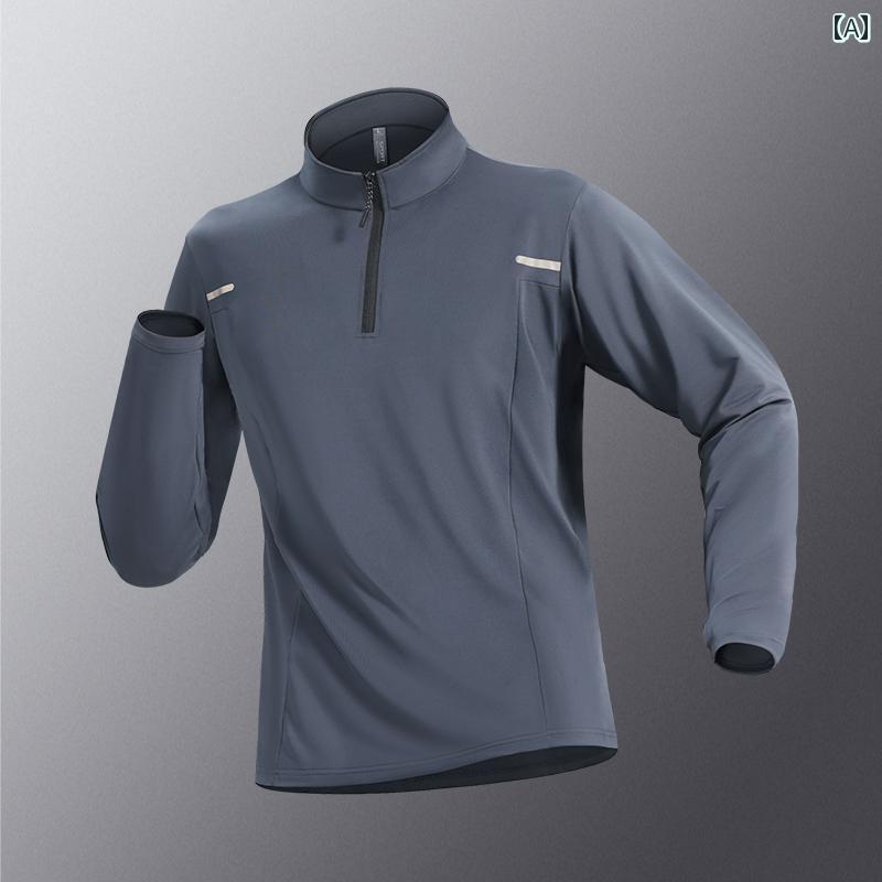 メンズ ハーフジップ スポーツ Tシャツ 冬用 フリース 裏地 付き 暖かい 長袖 速乾 トレーニング ユニフォーム フィットネス ランニング トップ