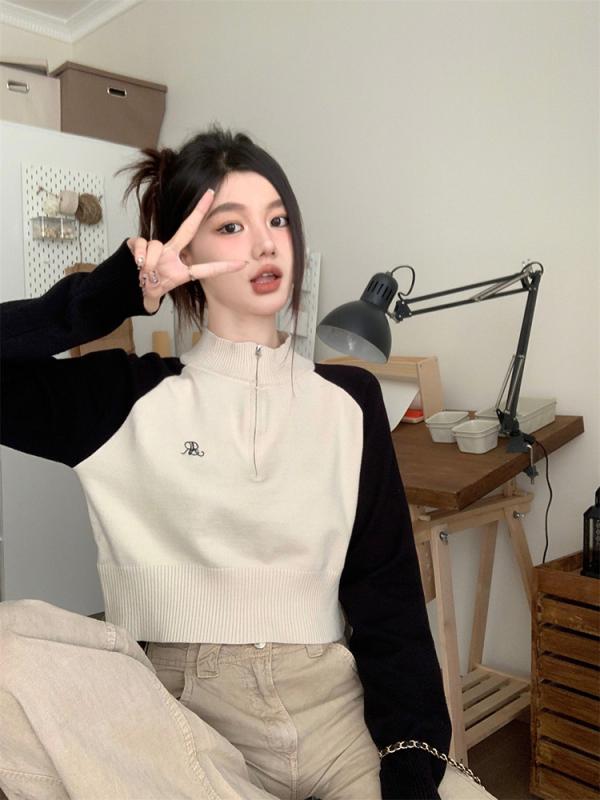 編み物 レディース ジレー 秋冬 ティーシャツ ハーフジップ 長袖 トップス ゆったり 朦々たる 心地よい レトロ 薄墨色 黒1