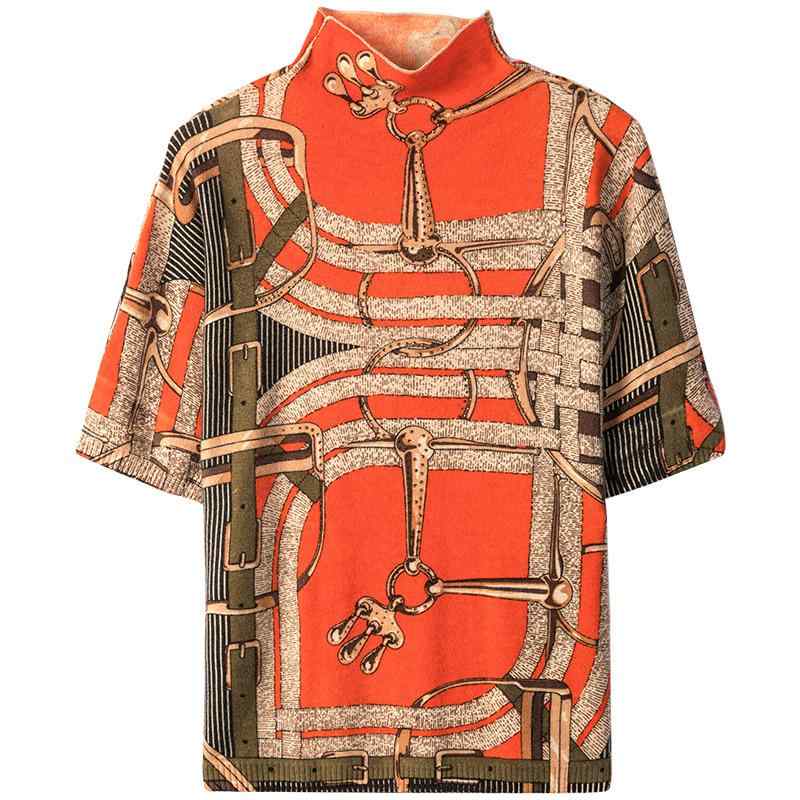 ニット レディース 半袖 半高襟 羊毛混 トップス プルオーバー セーター ゆったり プリント 赤 L XL 2XL 3XL