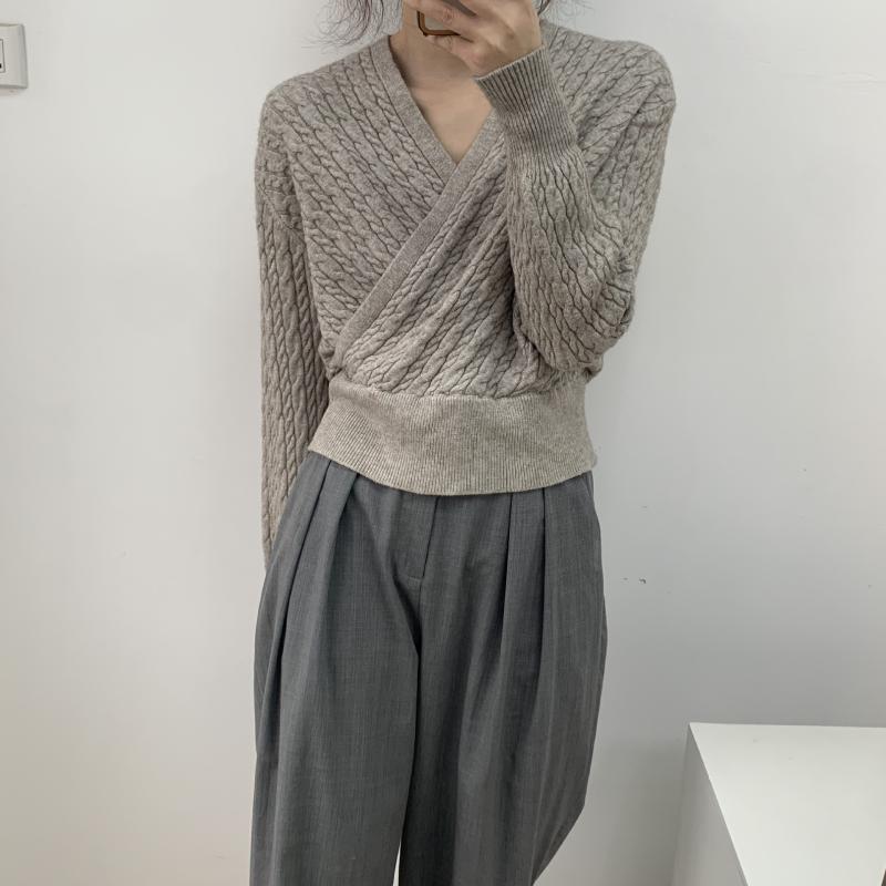 編み物 レディース Vのど首 ティーシャツ 好いたらしいめ 執務室心地よい 長袖 トップス 当たること冷感 無地 白 年月冬 普段使い走り 通い お部屋着1